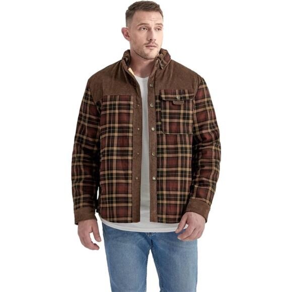 Men's Long Sleeve Sherpa Lined Shirt Jacket Flannel Plaid Fleece Coats - Picture 2 of 7